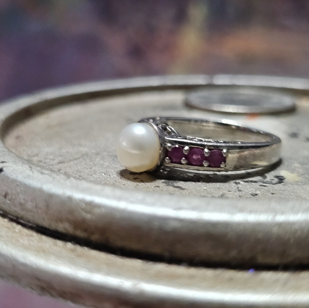 Pearl And Ruby Gemstone Ring 925 Silver Vintage S… - image 4